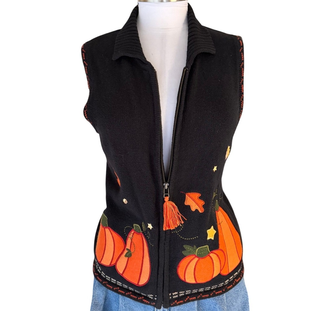 Vintage 90's Christopher & Banks Halloween Sweater Vest Medium Pumpkin